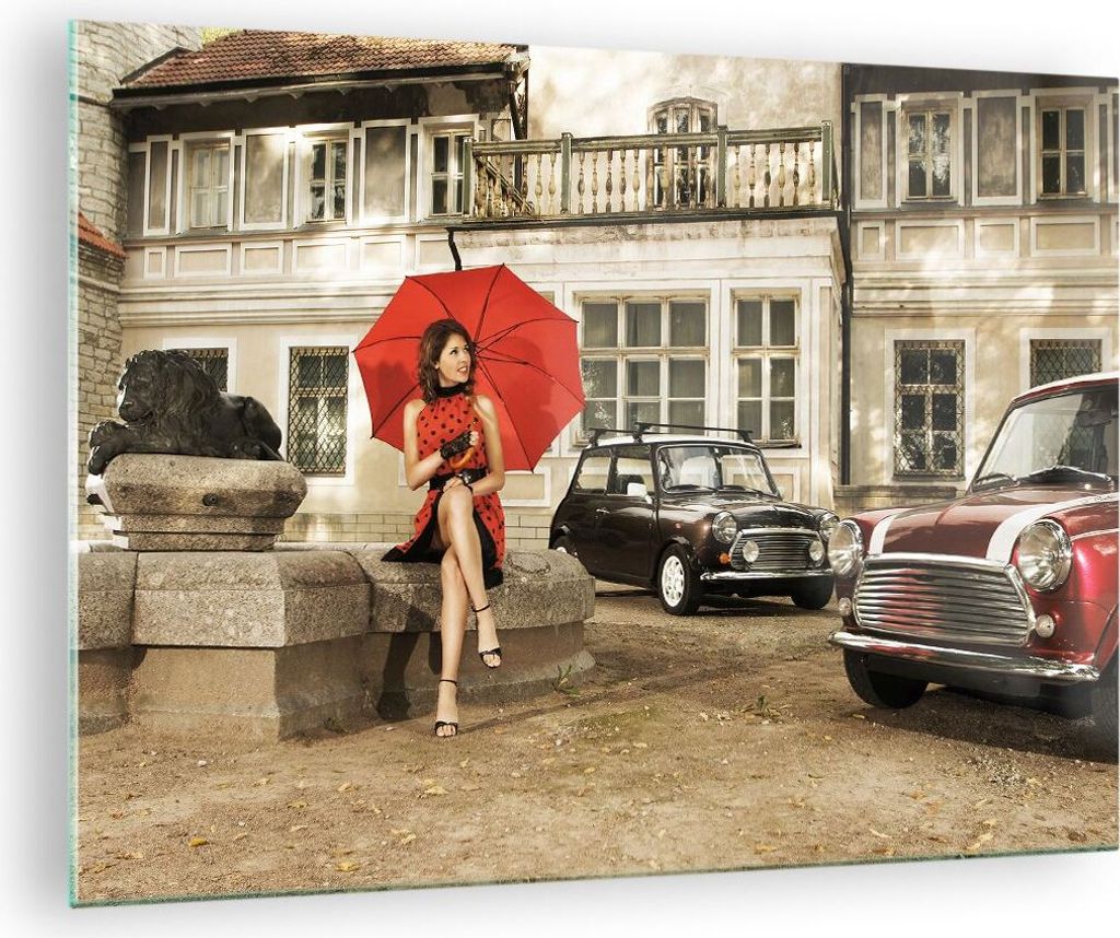 Bilder auf glas - Attraktiv Frau Spaziergang Regenschirm - 70x50cm - Glasbilder - Wandbilder - Kunstdruck - Wanddekoration aus Glas - Glas Bilder -...