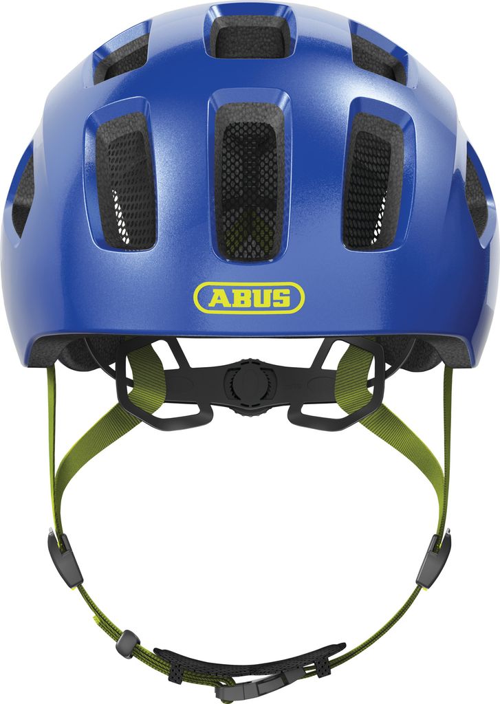 A blue bicycle helmet with green straps, shown from the back.