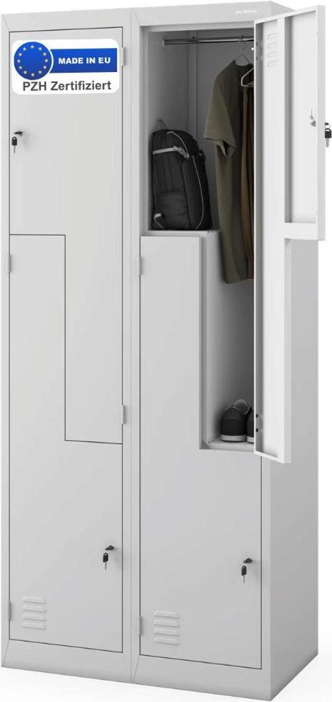 Umkleideschrank Spind OSLO - 4 Abteile mit Lüftungsschlitze | Umkleidespind Metall Schließfachschrank Garderobenspind, 185x80x45cm Stahl