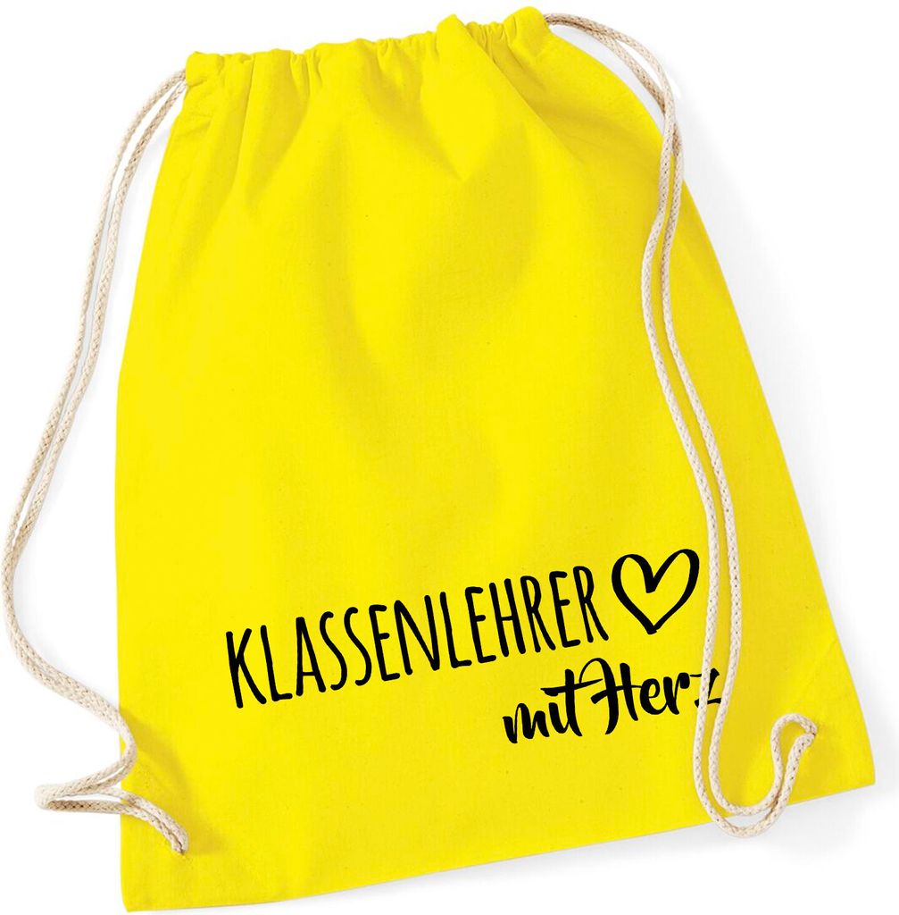 Huuraa Turnbeutel Klassenlehrer mit Herz 12 Liter Yellow Baumwolle Rucksack Geschenkidee