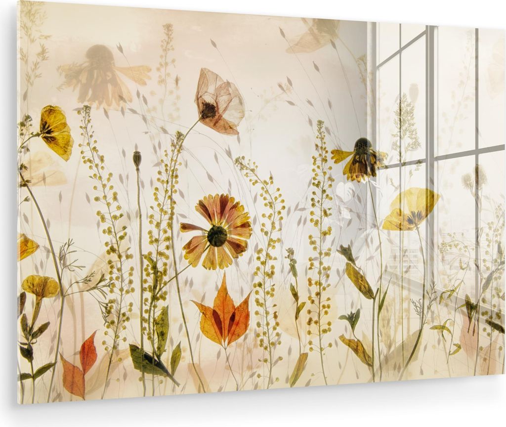 MuchoWow Glasbilder - Bilder auf Wandbild - Foto auf Glas Illustration - Pflanzen - Insekten - Beige 120x80 cm Wanddekoration aus Glas - Acrylglasb...