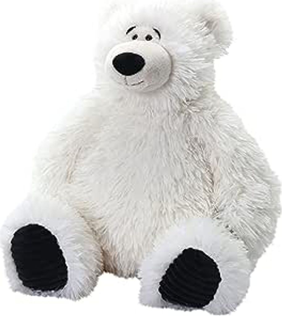 A white plush polar bear toy is sitting on a white background.