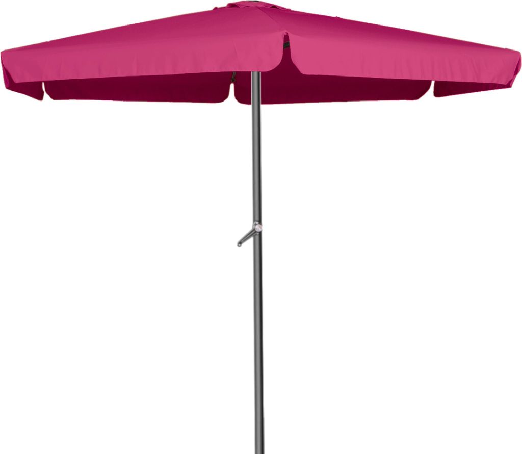 A pink patio umbrella with a metal pole against a white background.