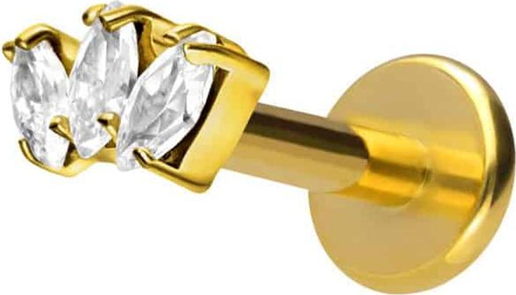 Ohrpiercing, Nasenpiercing Titan Labret mit Innengewinde 3 KRISTALLTROPFEN Gold Stablänge: 6mm | Stabstärke: 1,6mm