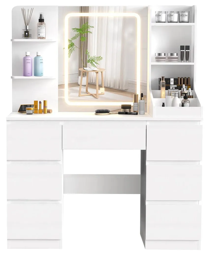 Coiffeuse Lumineuse LED Blanche à 7 Tiroirs et 4 Étagères de Rangement