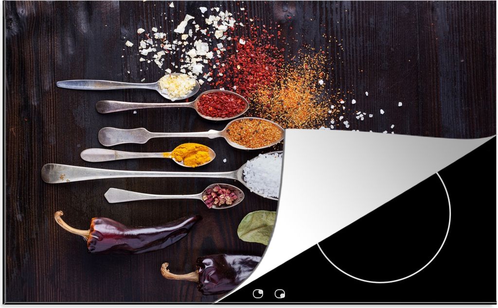 KitchenYeah Herdabdeckplatte Kräuter - Löffel - Gewürze - Industrie , 76x51cm, Küche Deko, Glaskeramikkochfeld Herdabdeckung, Abdeckplatte f...