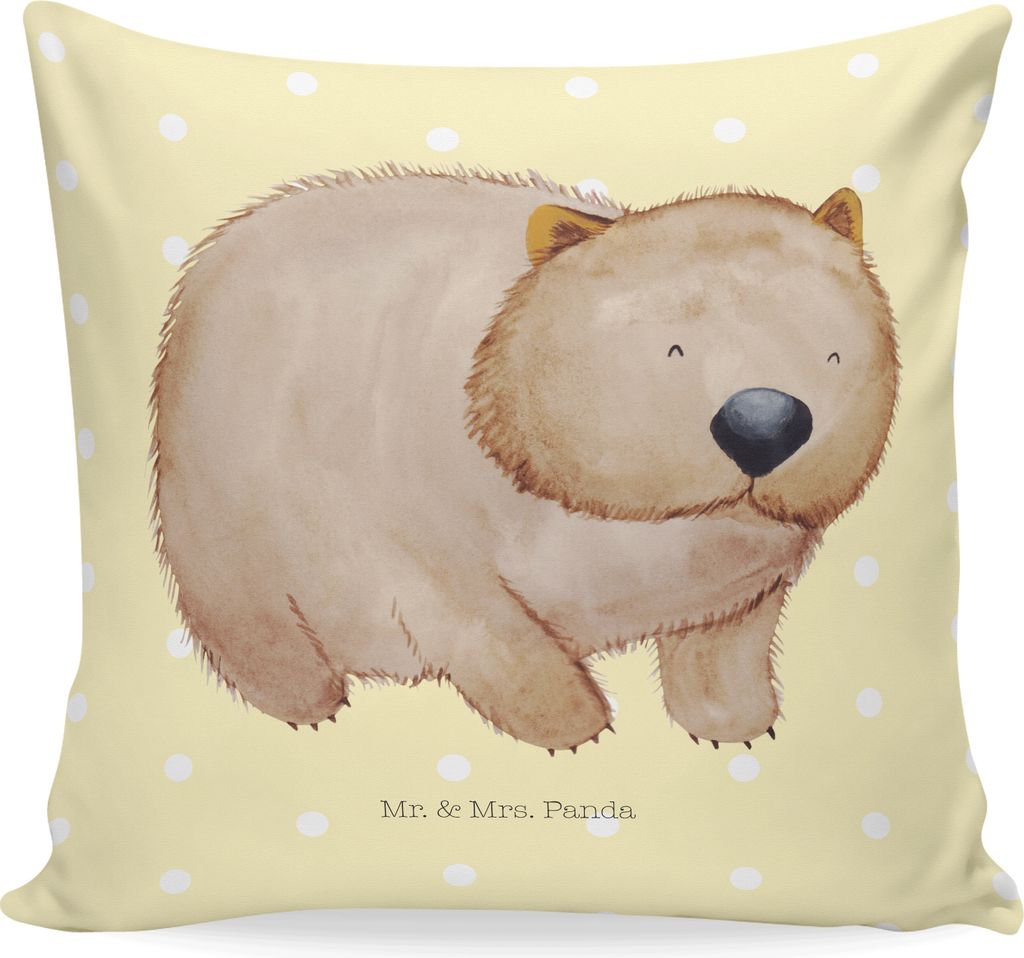 Mr. & Mrs. Panda Kissen 40x40 Wombat - Gelb Pastell - Geschenk, kuschelkissen, Australien, Spruch, bedruckt, Sofakissen, Das Leben Ist schön, Deko...