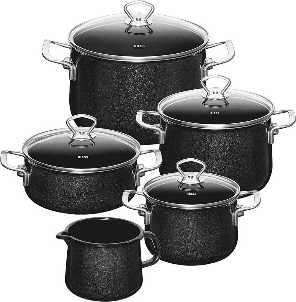 A set of black cookware with glass lids, arranged in a studio shot against a white background.