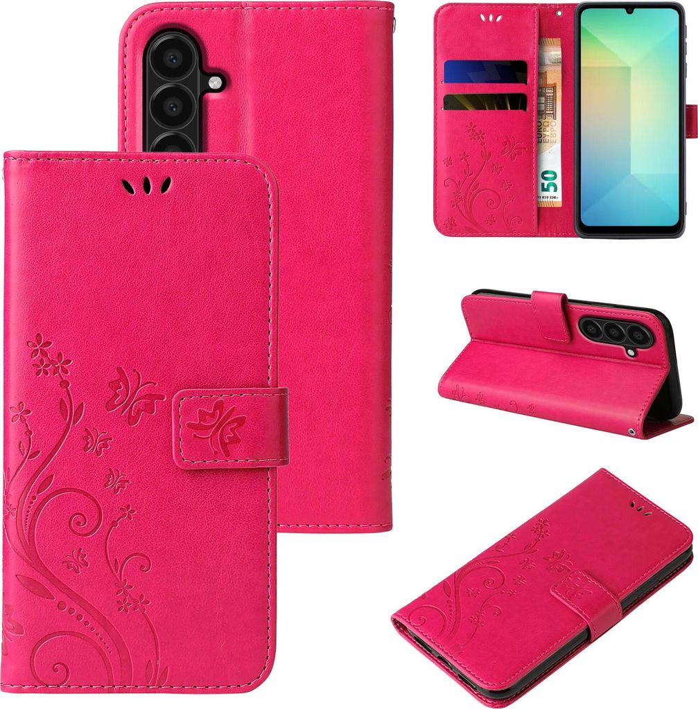 Handyhülle für Samsung Galaxy A26 5G Floral Blumen Schmetterling Flip Cover Hülle Case Klapphülle Handytasche Farbe: Pink