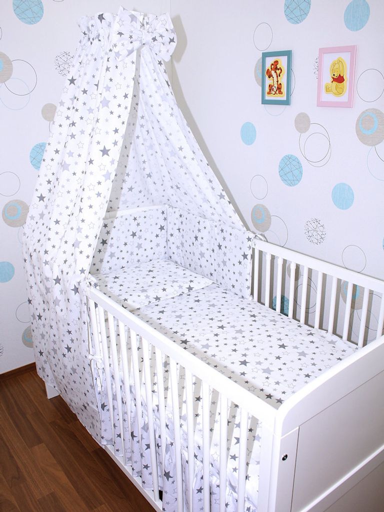 Primawela-Baby Bettwäsche Set- 5 teiliges Set mit Vollstoff Himmel Bettset Nestchen - 35.Star Hell