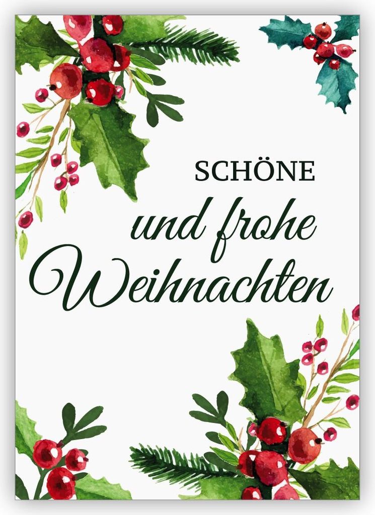4x Elegante klassische Weihnachtskarte mit roten Beeren und Weihnachts Grün: schöne und frohe Weihnachten