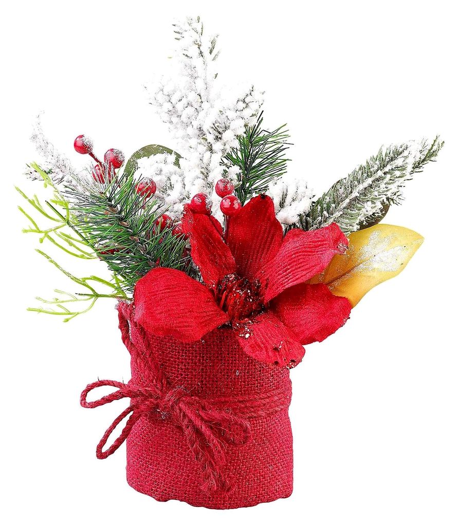 Wintergesteck: Weihnachtsgesteck mit Blumen, Zweigen, Beeren und Kunstschnee, 27 cm