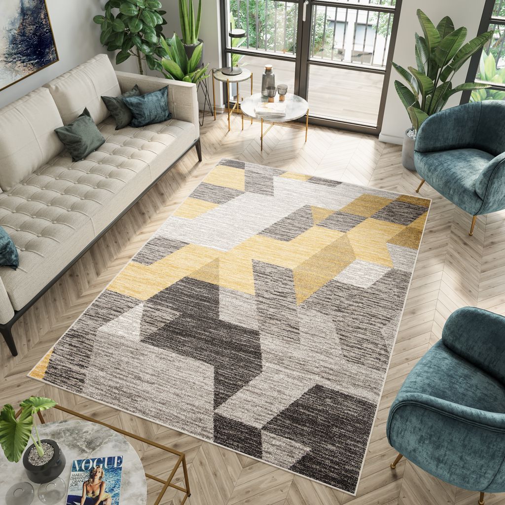 Teppich Wohnzimmer Schlafzimmer Kurzflor Modern Design Dunkelgrau Grau Creme Gelb Orange Figuren Meliert Jugendzimmer 80 x 150 cm