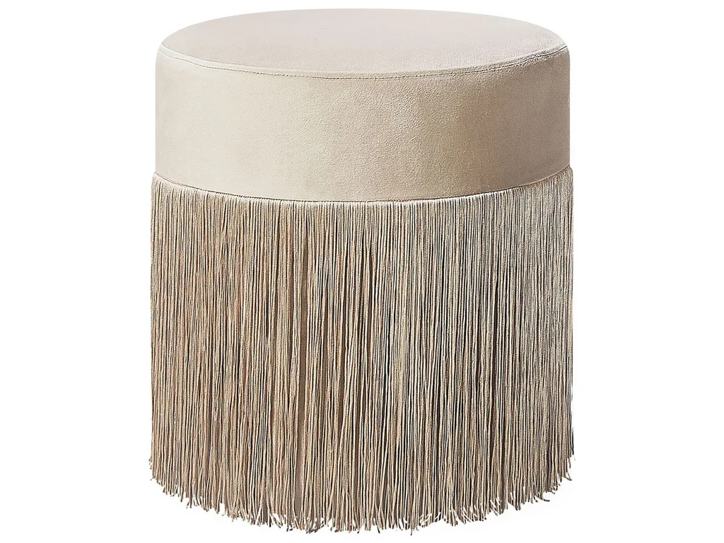 Tabouret pouf rond en velours taupe style glamour avec pompons chic