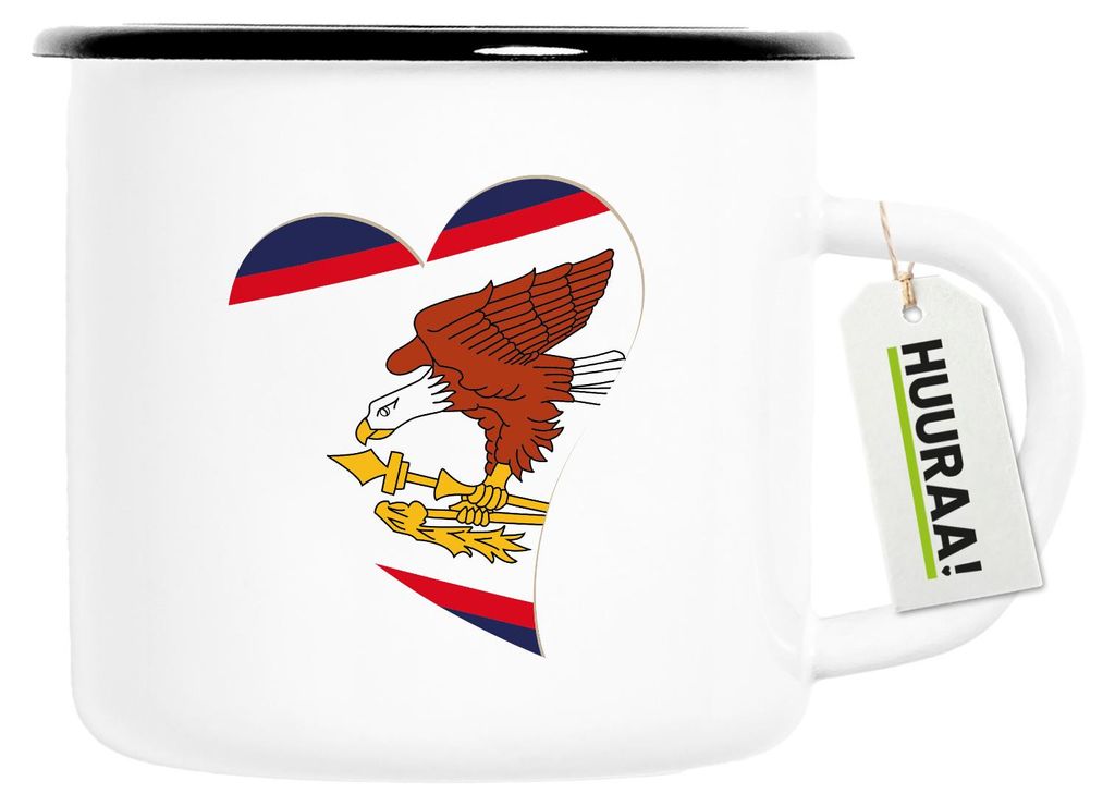 Huuraa Emaille Tasse Amerikanisch-Samoa Flagge Herz 300ml Vintage Campingbecher Geschenkidee
