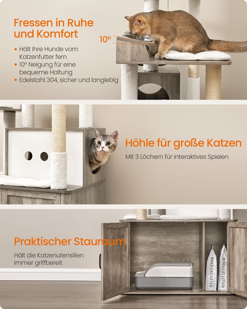 Feandrea Kratzbaum, Katzenklo-Schrank, erhöhte Fressnäpfe, Produktbild 5