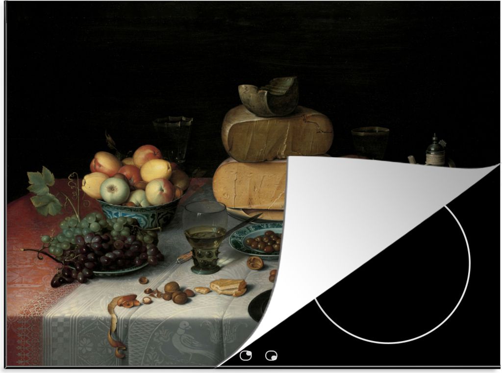 KitchenYeah Herdabdeckplatte Stilleben mit Käse - Kunstwerk - Alte Meister , 71x52cm, Küche Deko, Glaskeramikkochfeld Herdabdeckung, Abdeckplat...