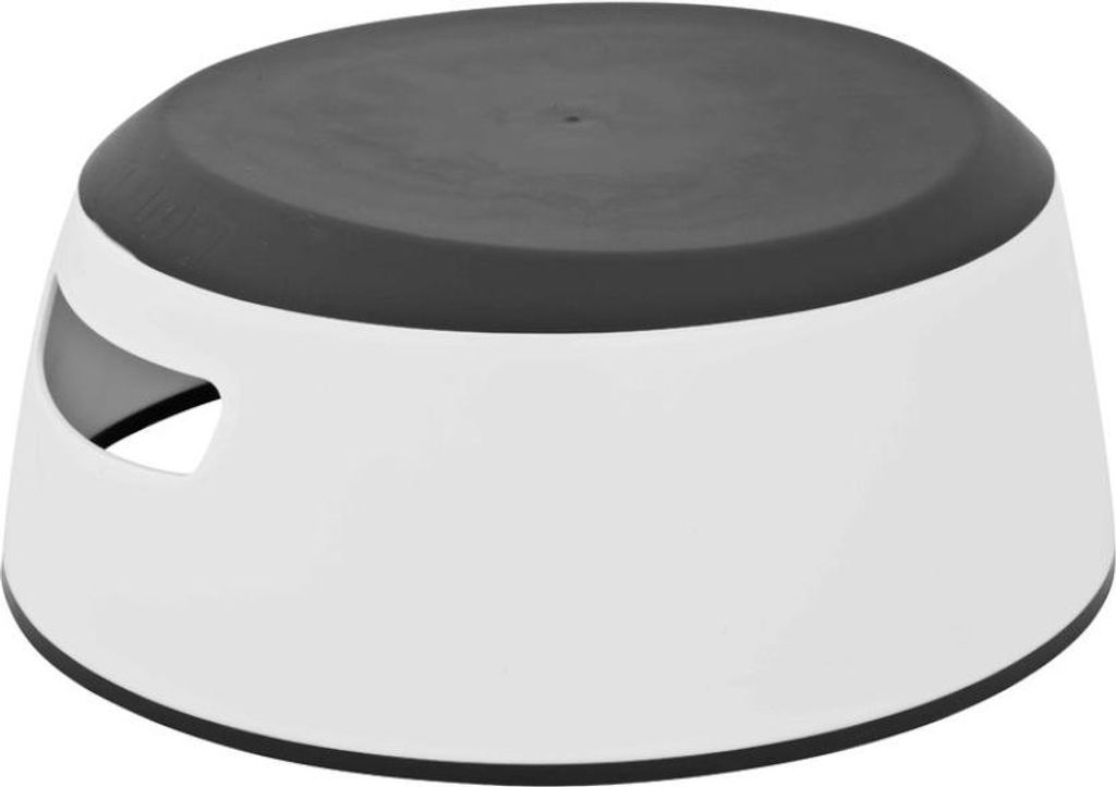 A white and dark gray step stool.