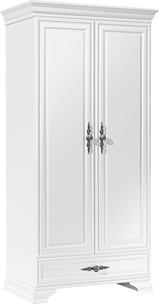 A white wardrobe with two doors and a drawer.
