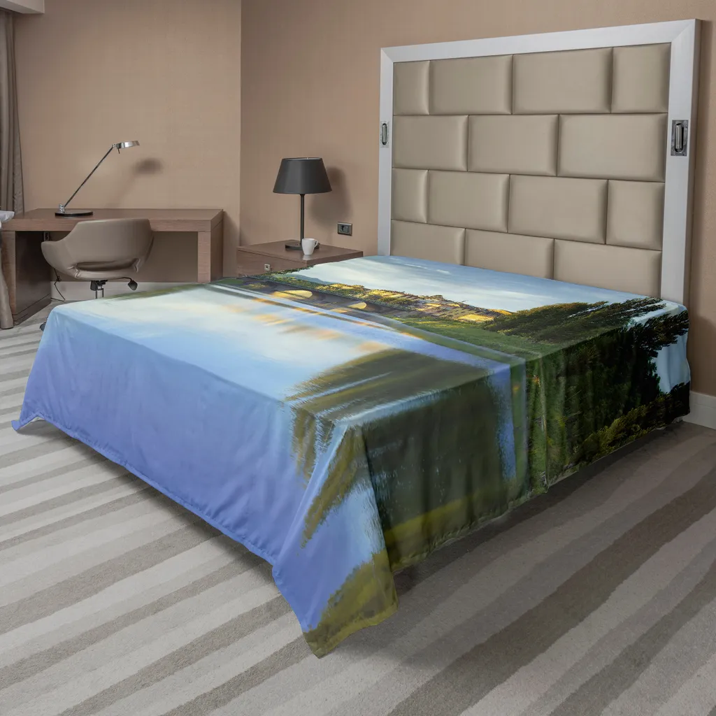 Drap de lit ultra doux paysage rural vert bleu 260x228 cm haute qualité
