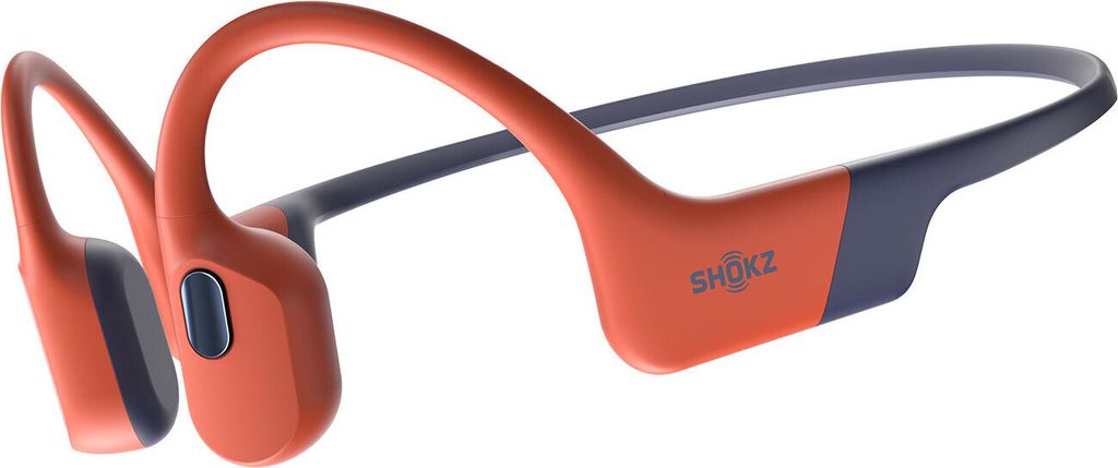 A pair of orange and blue bone conduction headphones against a white background.