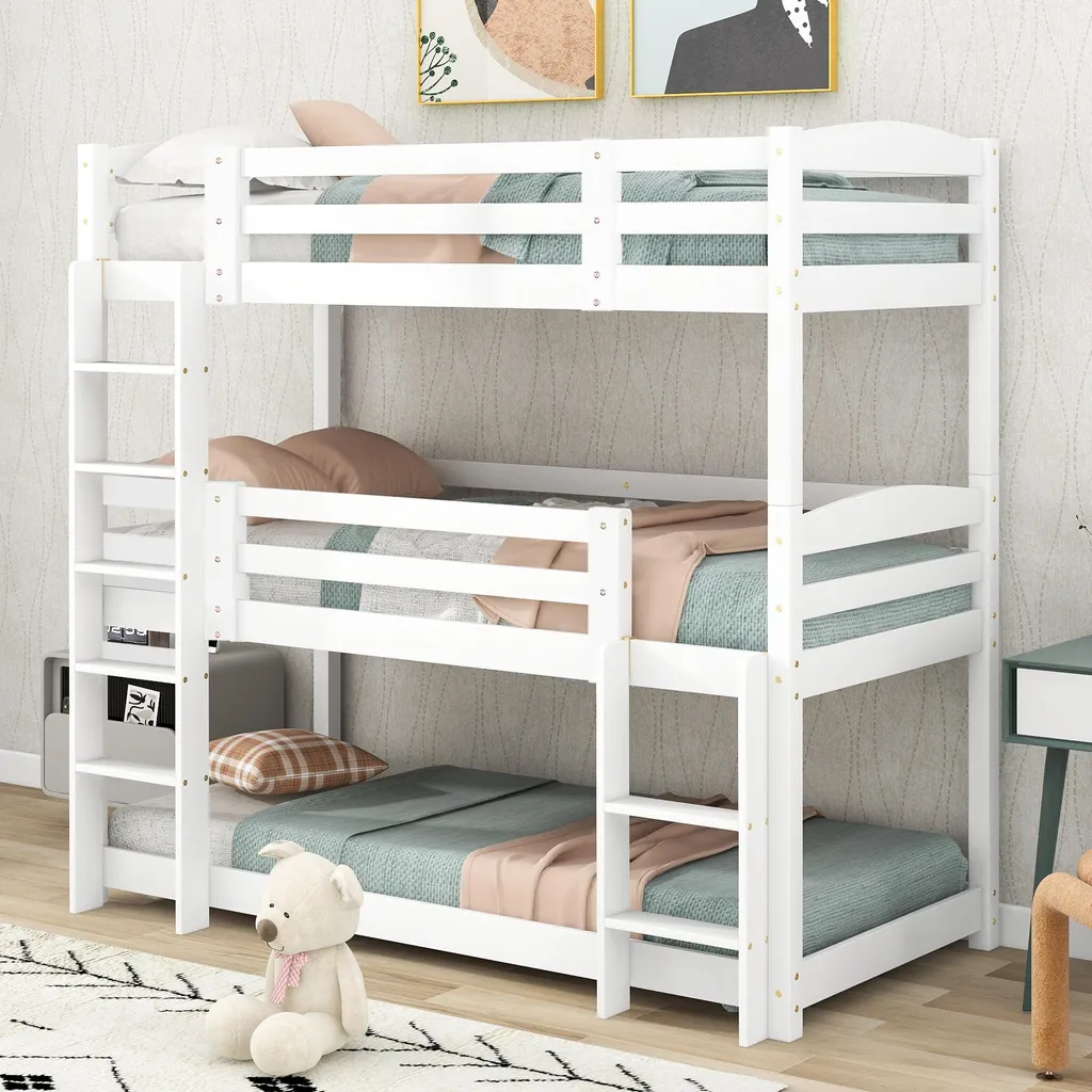 Lit superposé 90x200cm en bois massif avec barrière de sécurité et escalier