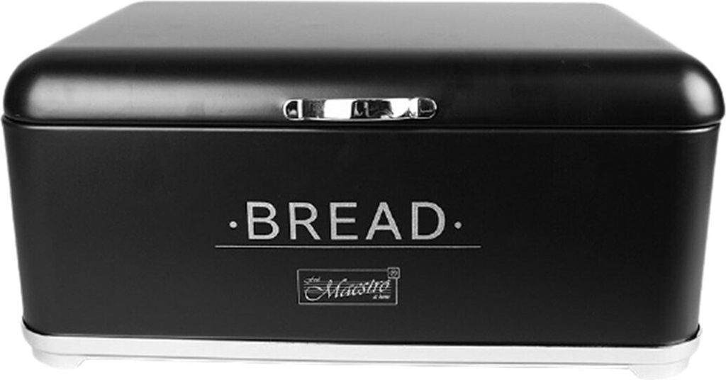 A black bread bin with the word "BREAD" and the Maestro logo printed on it, set against a white background.