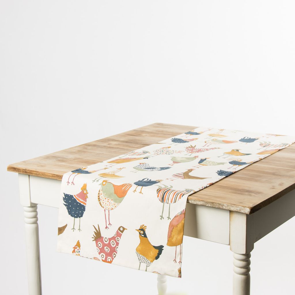 Tischläufer Harriet Vintage Hühner wollweiß bunt 40x160cm