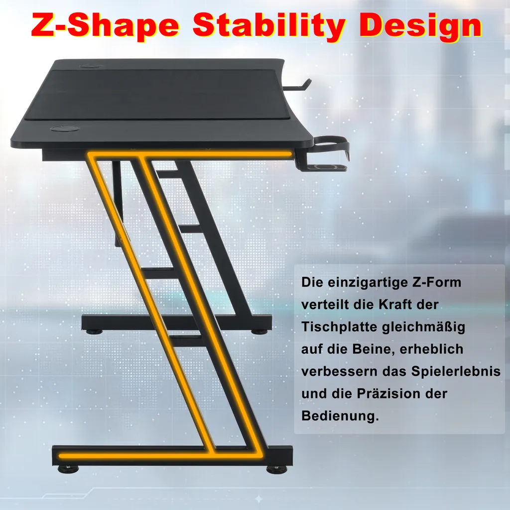 Bureau gaming ergonomique 140x60cm avec support casque et porte-boisson - 7