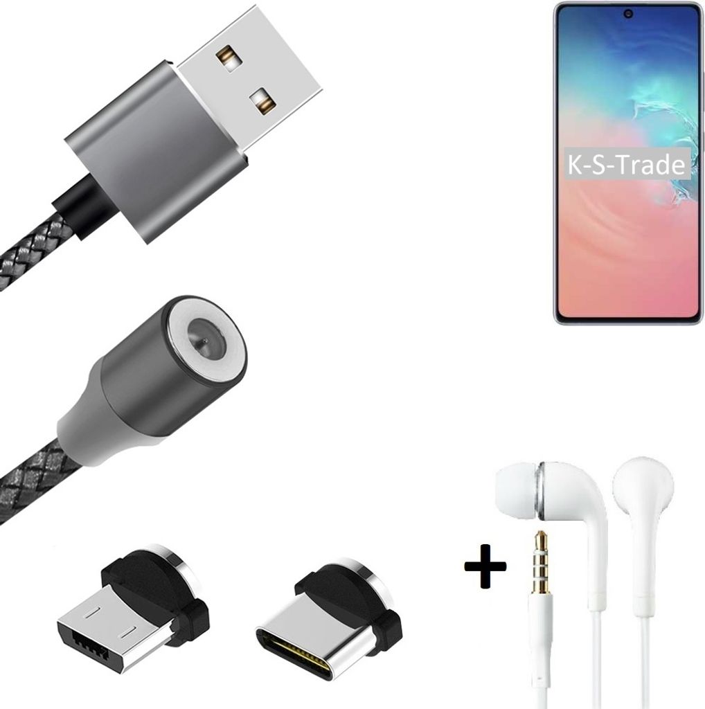 K-S-Trade Hochwertiges Magnet-Lade-kabel Sync-Kabel Daten-Kabel + Kopfhörer kompatibel mit Samsung Galaxy S10 Lite mit USB-Typ-C-Anschluss und