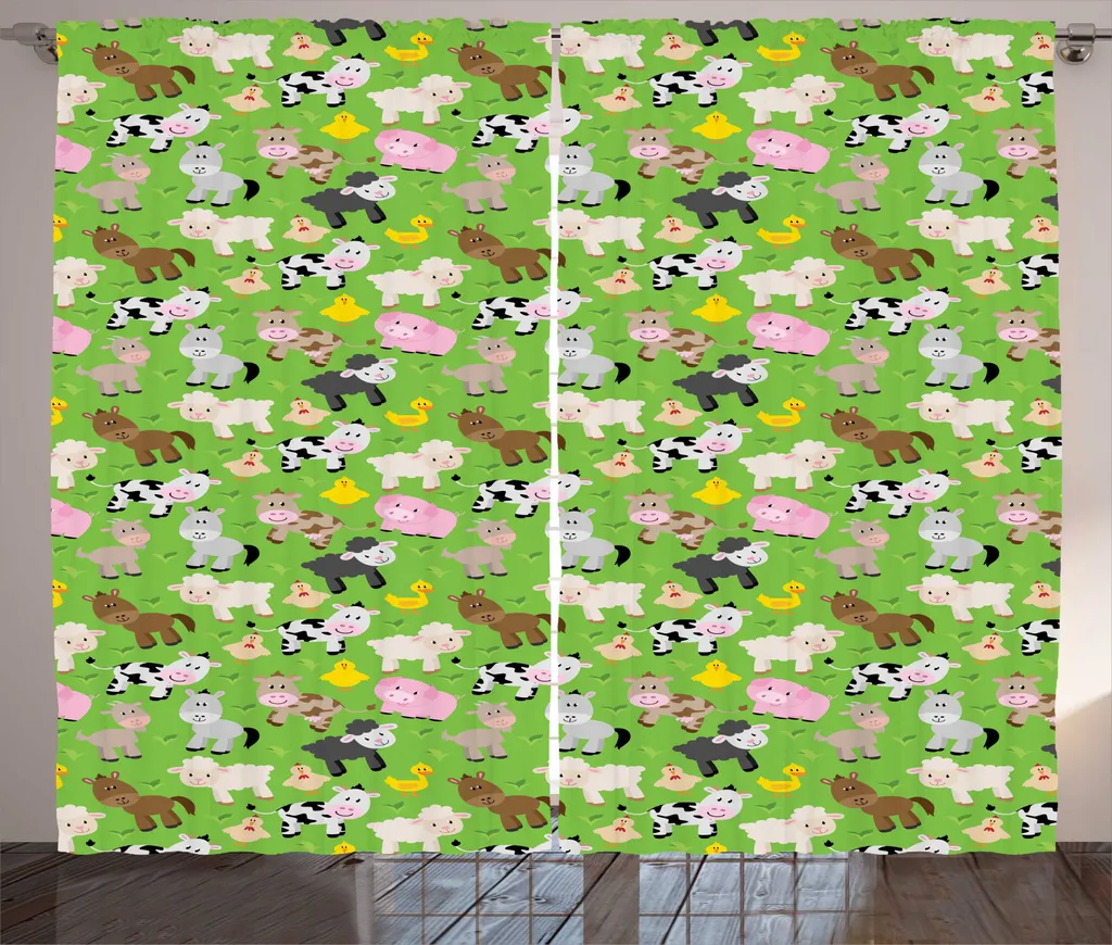ABAKUHAUS Tenda rustica con maiali, Creatures Cartoon, Tende universali per soggiorno con passanti e ganci, 280 x 245 cm, verde lime multicolore