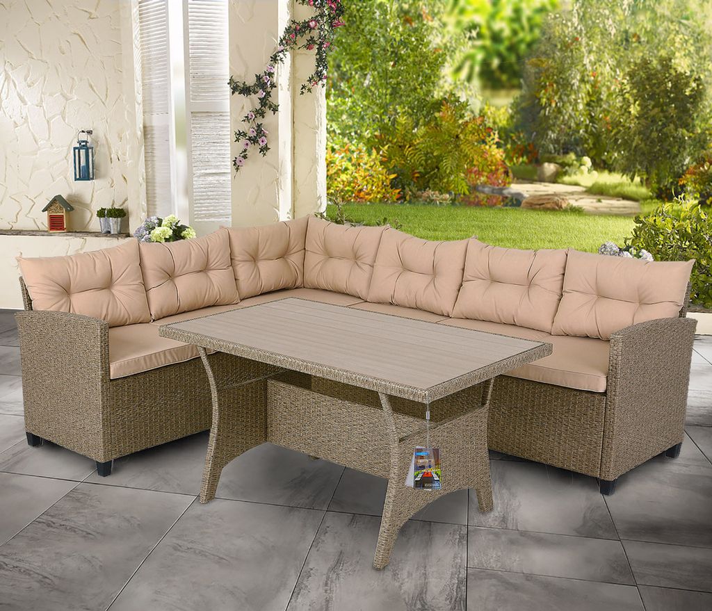CASARIA Polyrattan Ecklounge Set WPC Esstisch Ecksofa inkl. 7cm Sitzauflagen 15cm Kissen Wetterfest Outdoor Lounge Garten Terrasse Balkon Möbel ...
