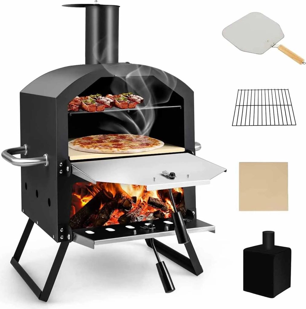 Outdoor Pizzaofen - 2-stöckig, kohlebefeuert - Edelstahl - Pizzastein & Pizzaschaufel - Grillrost - Wasserdichte Abdeckung - Schwarz