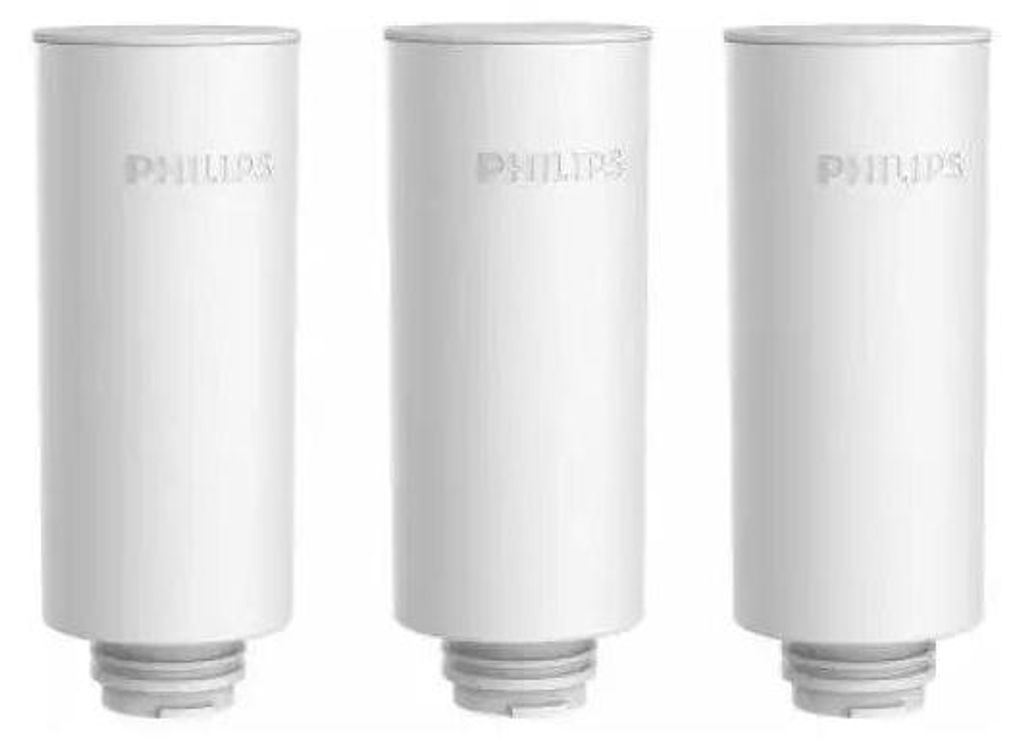 Three identical white cylindrical water filter cartridges are arranged side-by-side against a white background.
