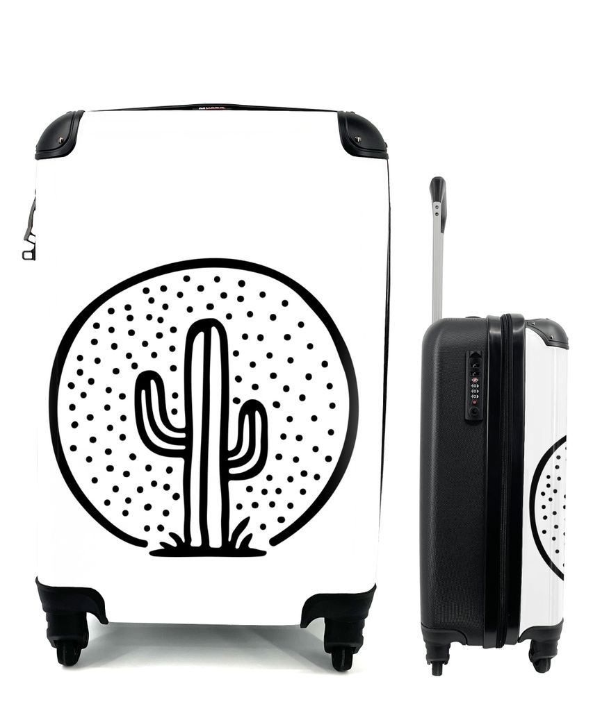 MuchoWow Koffer Handgepäck Trolley Rollkoffer Kleine Reisekoffer mit 4 Rollen - Schwarz-weiße Illustration eines Kaktus - Cabin Size < 55x40x23...