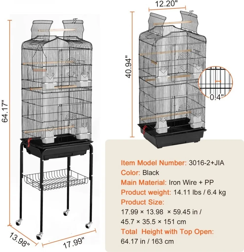 Cage à oiseaux avec support 45x35x151 cm robuste pour perruche et canari