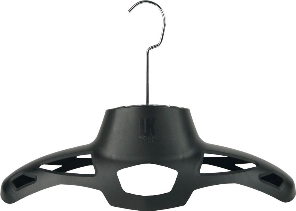A black hanger with a silver hook on a white background.