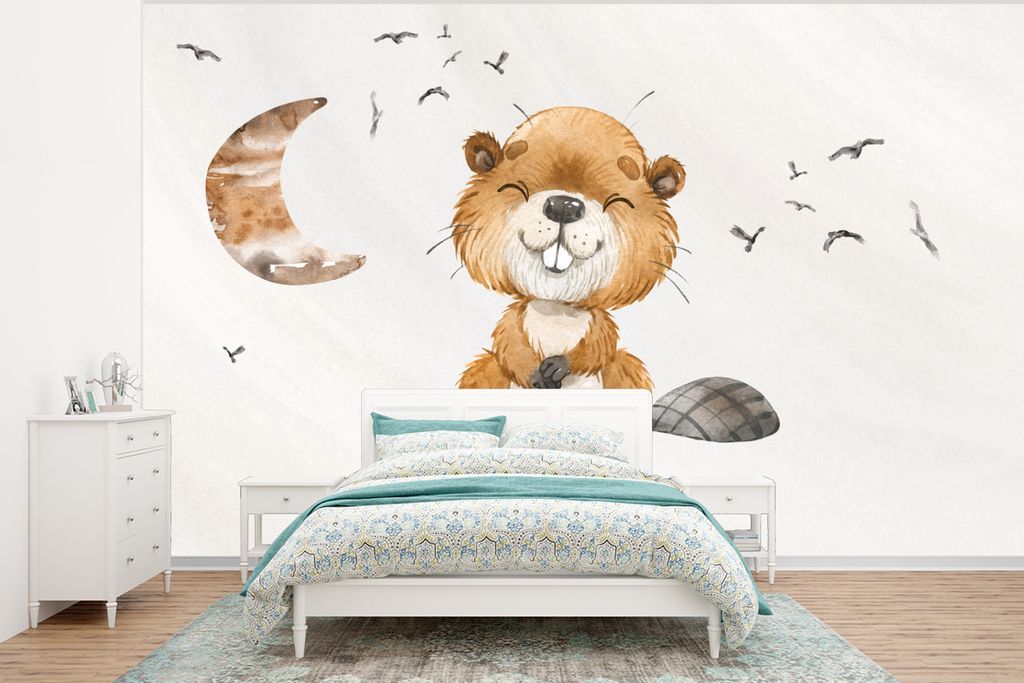 MuchoWow Fototapete für Wohnzimmer oder Schlafzimmer Wandtapete Vinyl Motivtapete Zitate - Glücklich sein - Kinder - Mond - Biber - Aquarell - ...