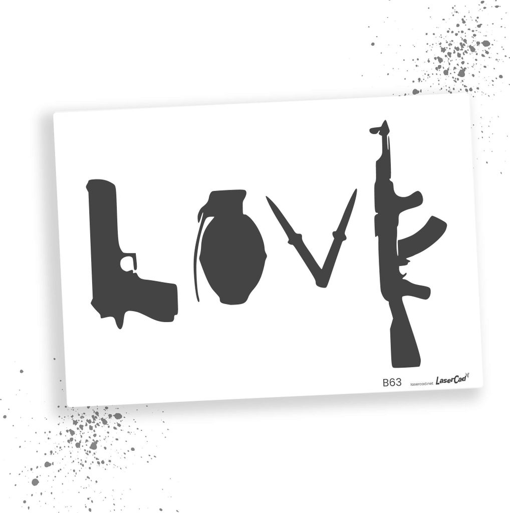 LaserCad Schablonen BANKSY Streetart  (B63, LOVE Guns and Weapons, DIN A4) Stencil für Graffiti, Airbrush, Deko