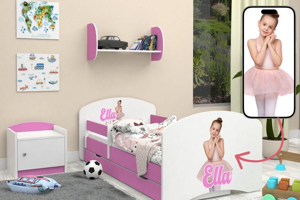 Happy Babies Kinderbett - mit Rausfallschutz Junge 140x70 Bett für Kinderzimmer mit Schublade & Matratze Einzelbett für Kinder Kinder Eigene Grafik