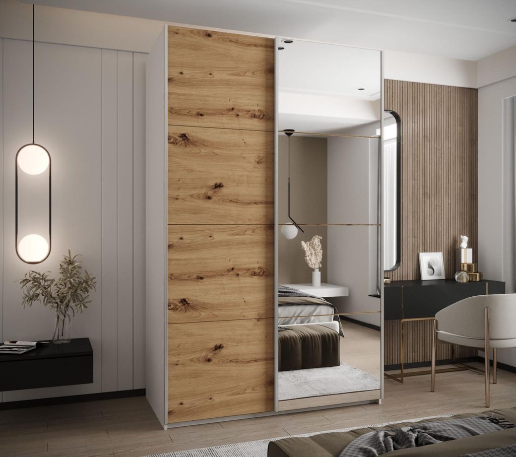 Zweitüriger Kleiderschrank SAMARA 3 – 150 cm, weiß/Eiche handwerklich/silber