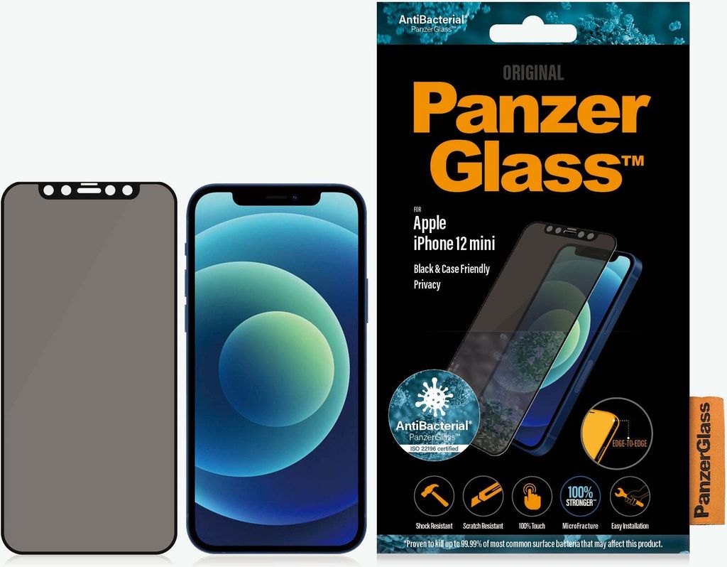 Product packaging and a representation of the screen protector on a phone.