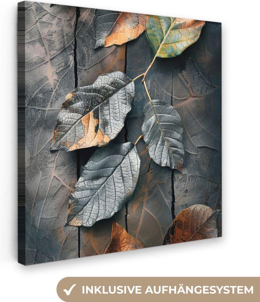 MuchoWow - Leinwandbilder - Blätter - Herbst - Grau - Natur, Wandbild, Wanddeko Bilder Wohnzimmer, 50x50 cm