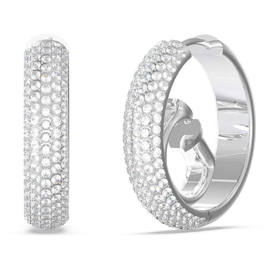 Two silver hoop earrings encrusted with white stones, displayed against a white background.