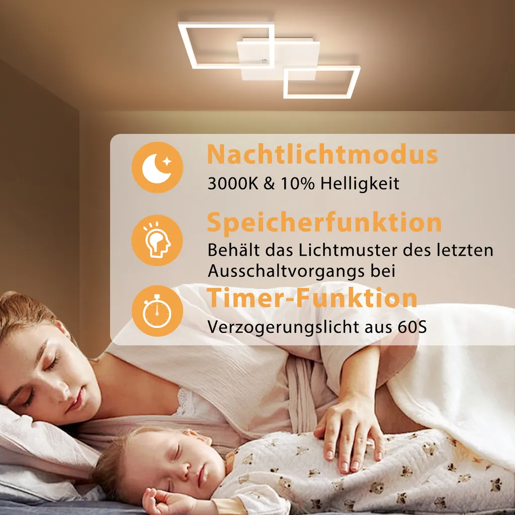 ZMH Plafonnier LED Chambre 32W Dimmable avec Télécommande Design Carré - 3