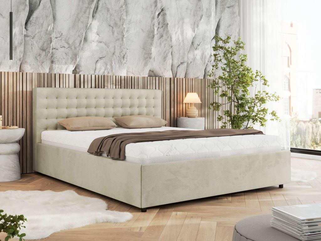MKS MEBLE Polsterbett Doppelbett PAVO CLASSIC Bett mit Stauraum Gasdruck-Mechanismus Stauraumbett Pocket Matratze VIRE LUX 180x200 Beige Velvet