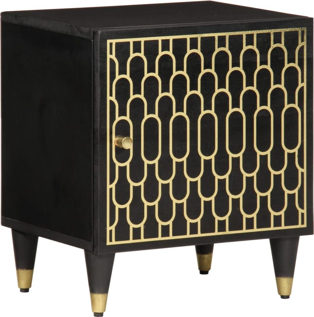 A single black nightstand with a decorative gold geometric pattern on the door and gold accents on its legs, shown from a three-quarter angle against a white background.