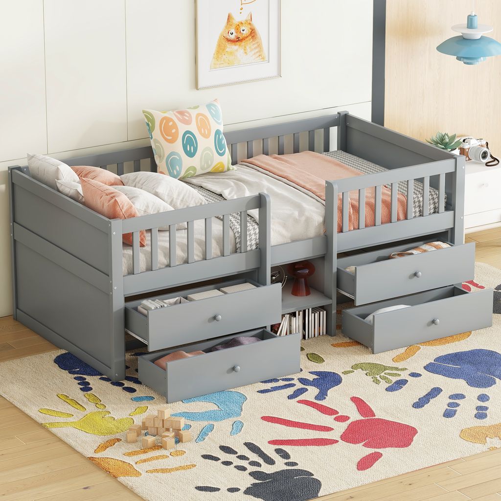 Flieks Kinderbett Etagenbett 90x200cm mit 4 Schubladen, Niedriges Hochbett mit Treppe, Stockbett mit Rausfallschutz, Holzbett Einzelbett Grau