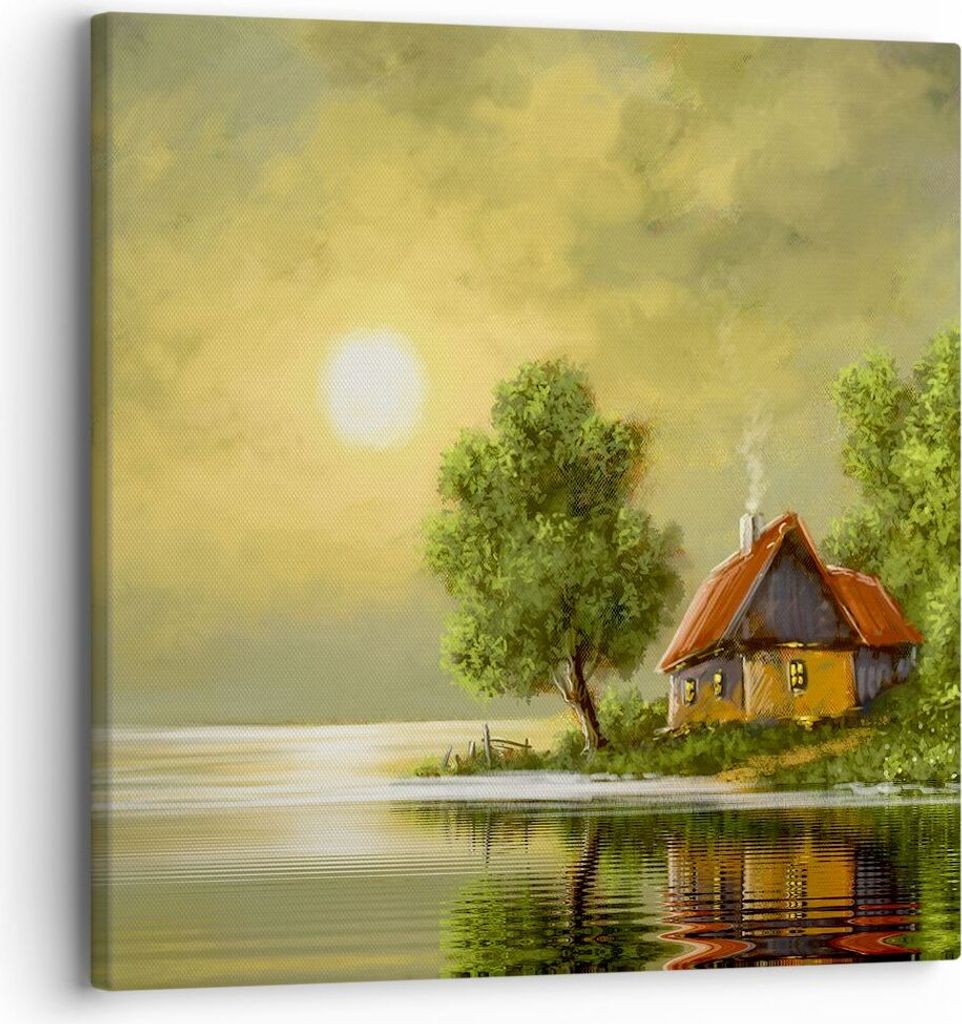 Bild auf Leinwand - Leinwandbild - Boot Wasser Hütte - 30x30cm - Wand Bild - Wanddeko - Wandbilder - Leinwanddruck - Bilder - Kunstdruck - Wanddek...