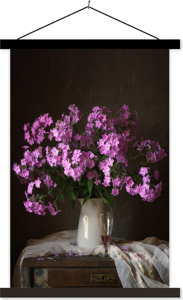 MuchoWow Textilposter Krug - Blumen - Rosa 40x60 cm mit schwarzem Rahmen - Wanddekorationen